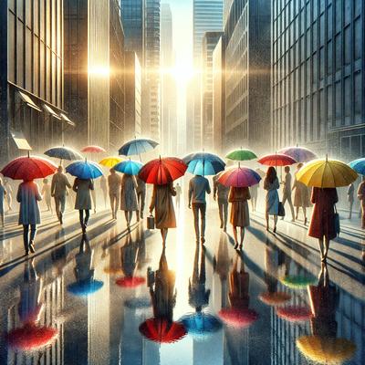 The primary subject of the image is a group of people walking down a city street, holding umbrellas. The setting is a cityscape with tall buildings in the background. The visual style is a digital art or illustration, creating a vibrant and lively atmosphere. The colors are predominantly red, orange, yellow, and blue, which adds a sense of energy and excitement to the scene.